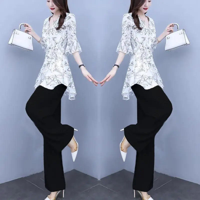 Two Piece Set For Women\'s Summer 2024 New High-End Fashiona Chiffon Beautiful Long T-Shirt And White Pant Suits Female Elegant