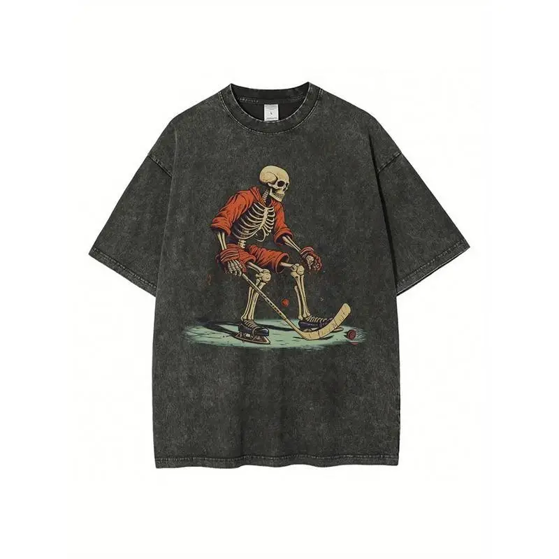 

Oversized Vintage T Shirt Men Women Skeleton Playing Hockey Graphic Tee Streetwear Punk Gothic Casual Summer Top
