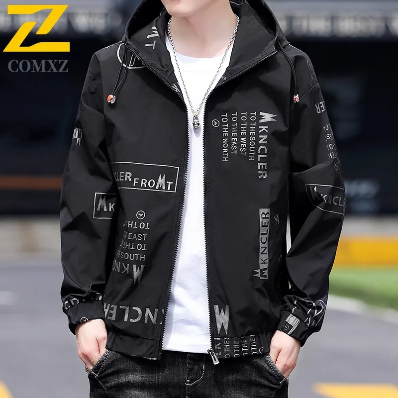 

COMXZ Autumn Fleece Lined Jacket Men Korean Style Trendy Brand Print Handsome Top Spring Autumn All-Match Student Hooded Wear