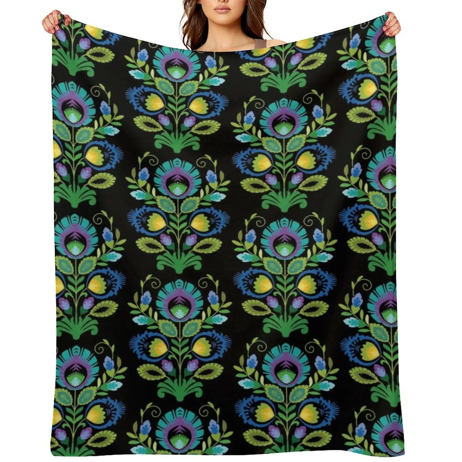 

Polish Folk Flowers Teal on Black Throw Blanket Soft Plaid blankets and throws Sofas Plush Blankets