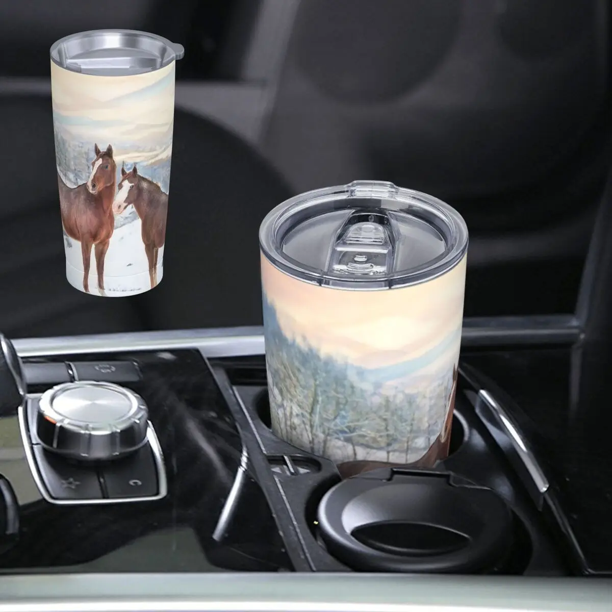 Horses With Snow And Sunset Hills Stainless Steel Tumbler Vacuum Insulated Mugs Thermal Cold Cup Straws With Lid 20oz