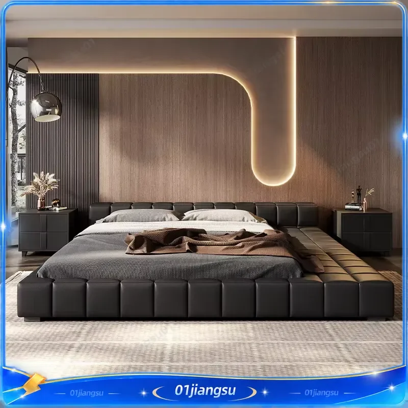 Luxury Black Queen Size Bed Frame Modern Minimalist Double Bed High End Comfortable Bedroom Furniture Platform Base Home