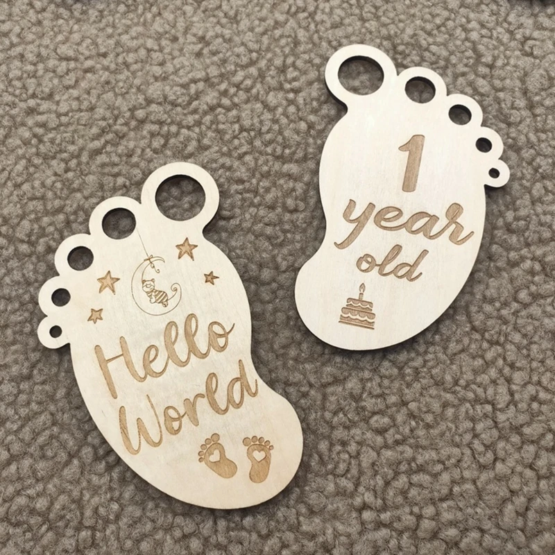 2024 New 13 Pcs/Set Baby Wooden Cards Newborn Memorial Cards Baby Feets Shaped Monthly Recording Birth Anniversary Cards Gifts