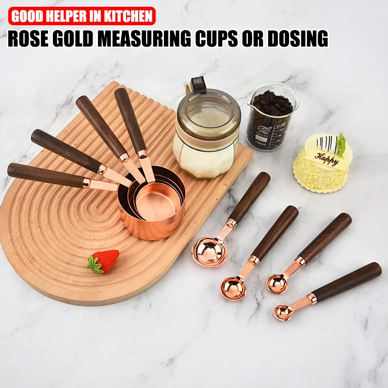 

4Pcs/Set Rose Gold Measuring Cups or Dosing Spoons Kitchen Milk Coffee Cake Baking Tool Scale Wooden Handle Measuring Spoon Set