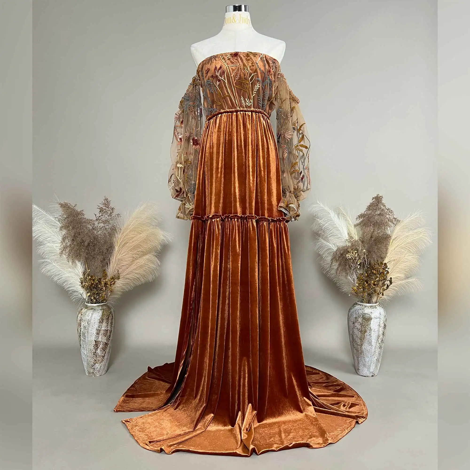 Don&Judy Velvet Evening Gown with Floral Embroidered Sheer Sleeves and Tiered Waist or Non-maternity Gown Dresses For PhotoShoot