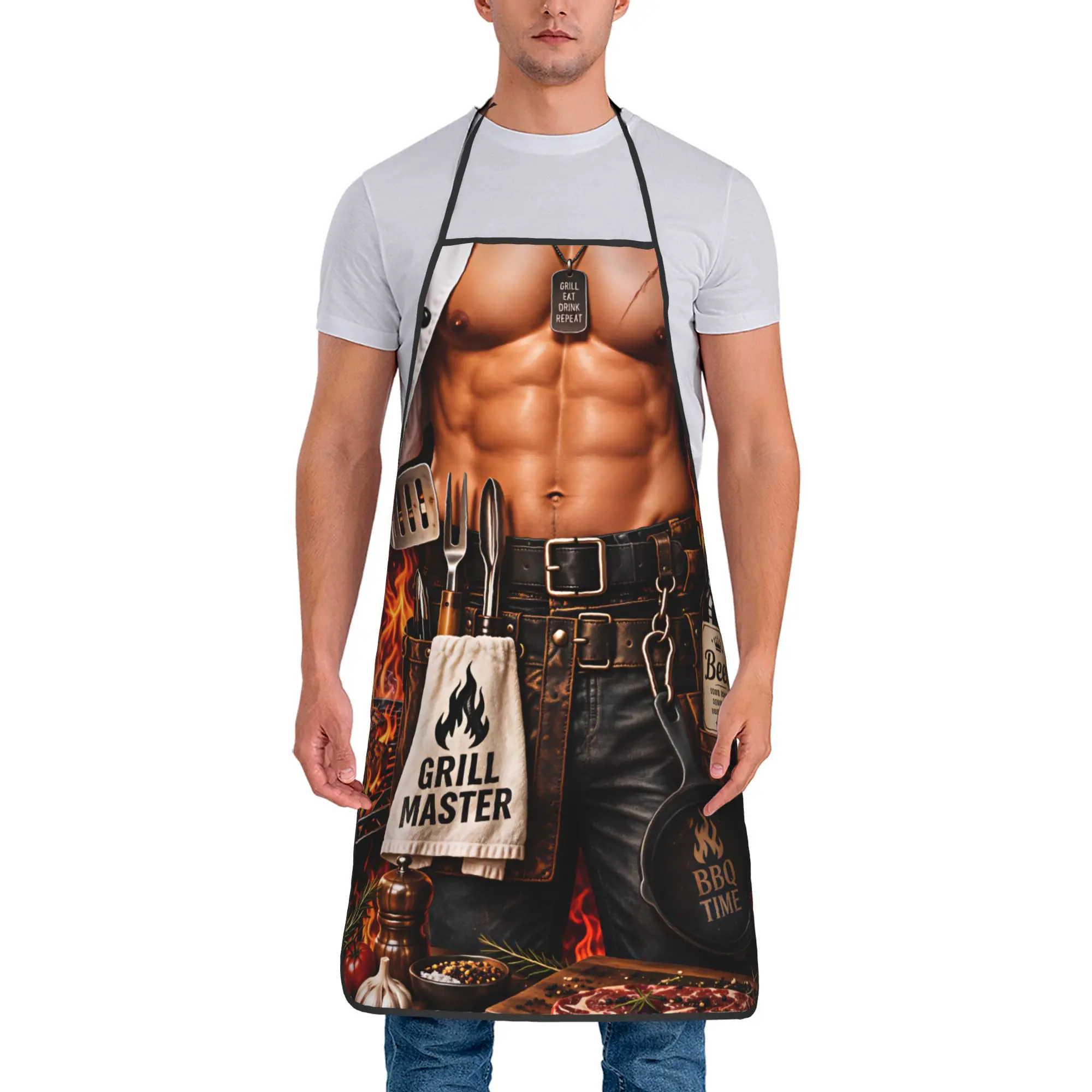 Funny Muscle Man Print Chef  Apron  Fashion Household Kitchen Accessories Work Barber Aprons without Pocket