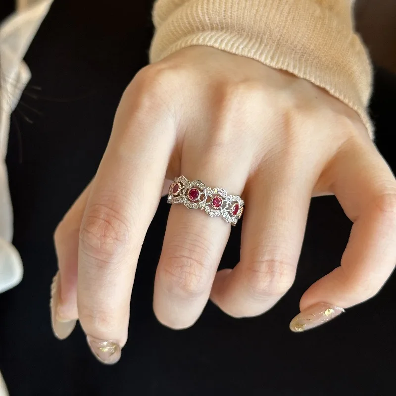 Light luxury silver 925 inlaid diamonds vintage hollow out lace ruby rings for women gorgeous style showy wedding ring jewelry