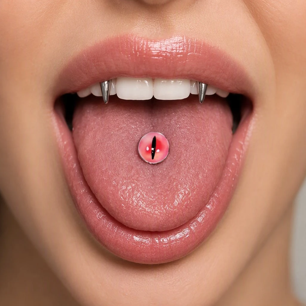 Titanium Steel Ring - Kırmızı Canavar Gözü Şeklinde Dil Piercingi,