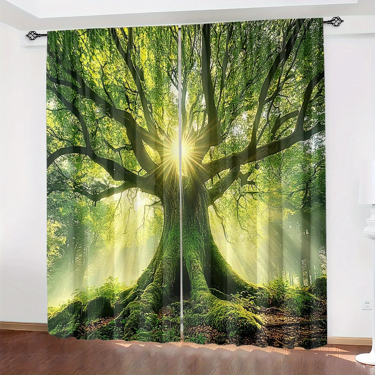 Green Forest Tree Curtain, Sunlight & Mossy Woods Print Drape, Nature Scenery Window Treatment for Living Room Bedroom Home
