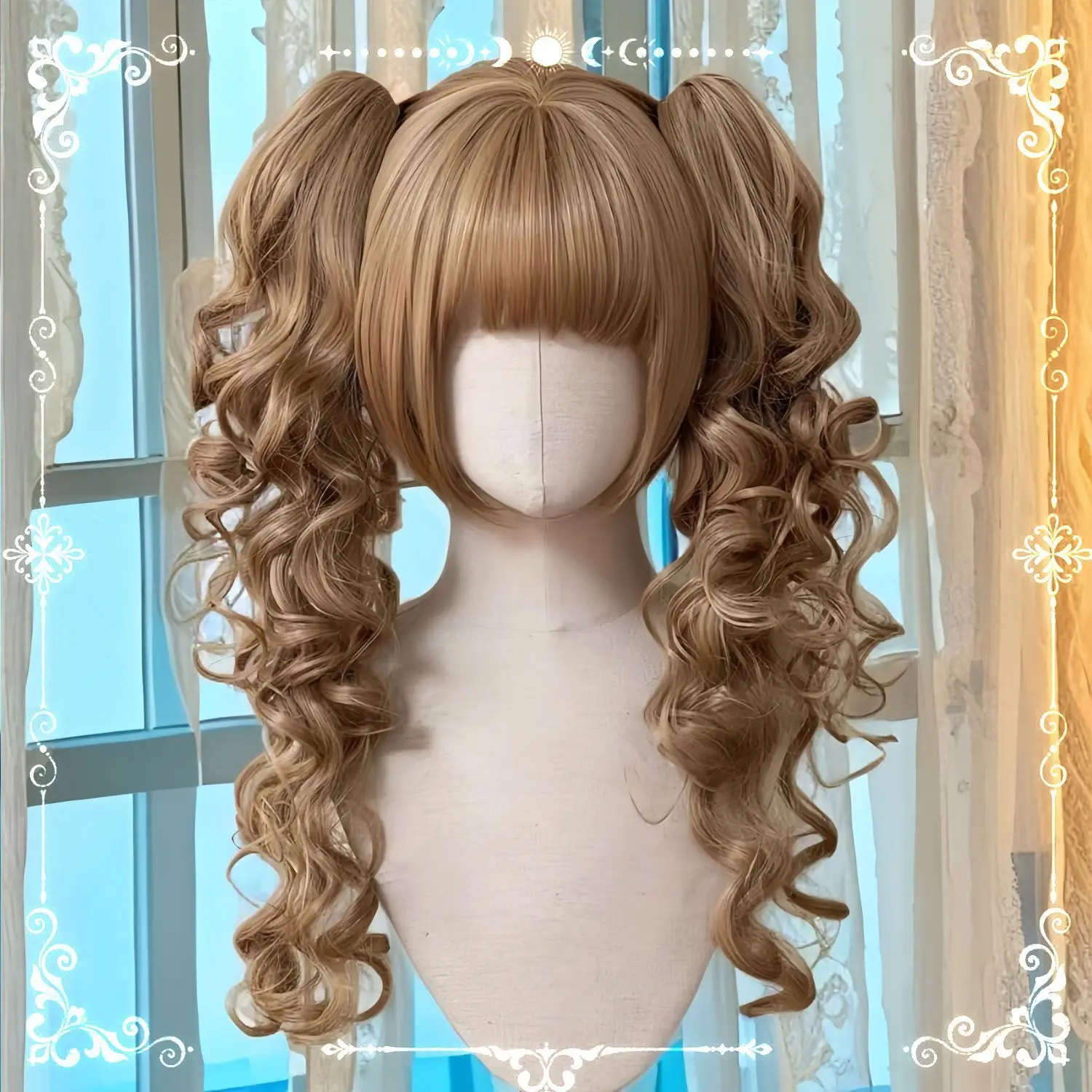 Vintage Lolita pruik - Bobo-snit met gespleten paardenstaarten, Romeinse krullen cosplay haarstukje, dagelijkse gotische accessoires, volledige hoofdbedekking