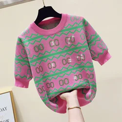 2023 Summer Diamonds Beading Women Pullover Thin Knitted Short Sleeve Round Neck Ice Silk Sweaters Knitwears Stylish Fashion Top