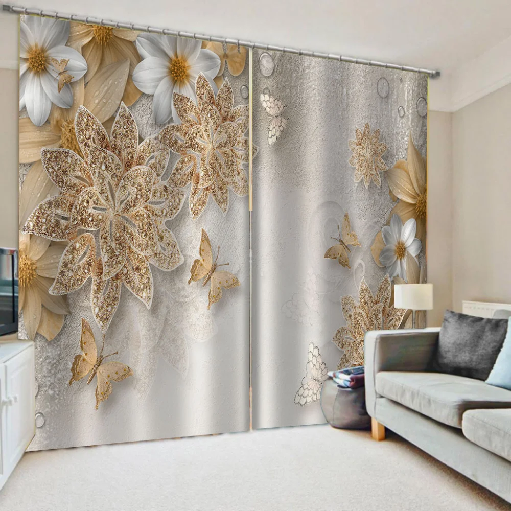 3D diamond Printed Golden Luxury Flower Wheat Ear Curtains for Kid's Bedroom Living Room Divider Curtain 2 Panel Blind