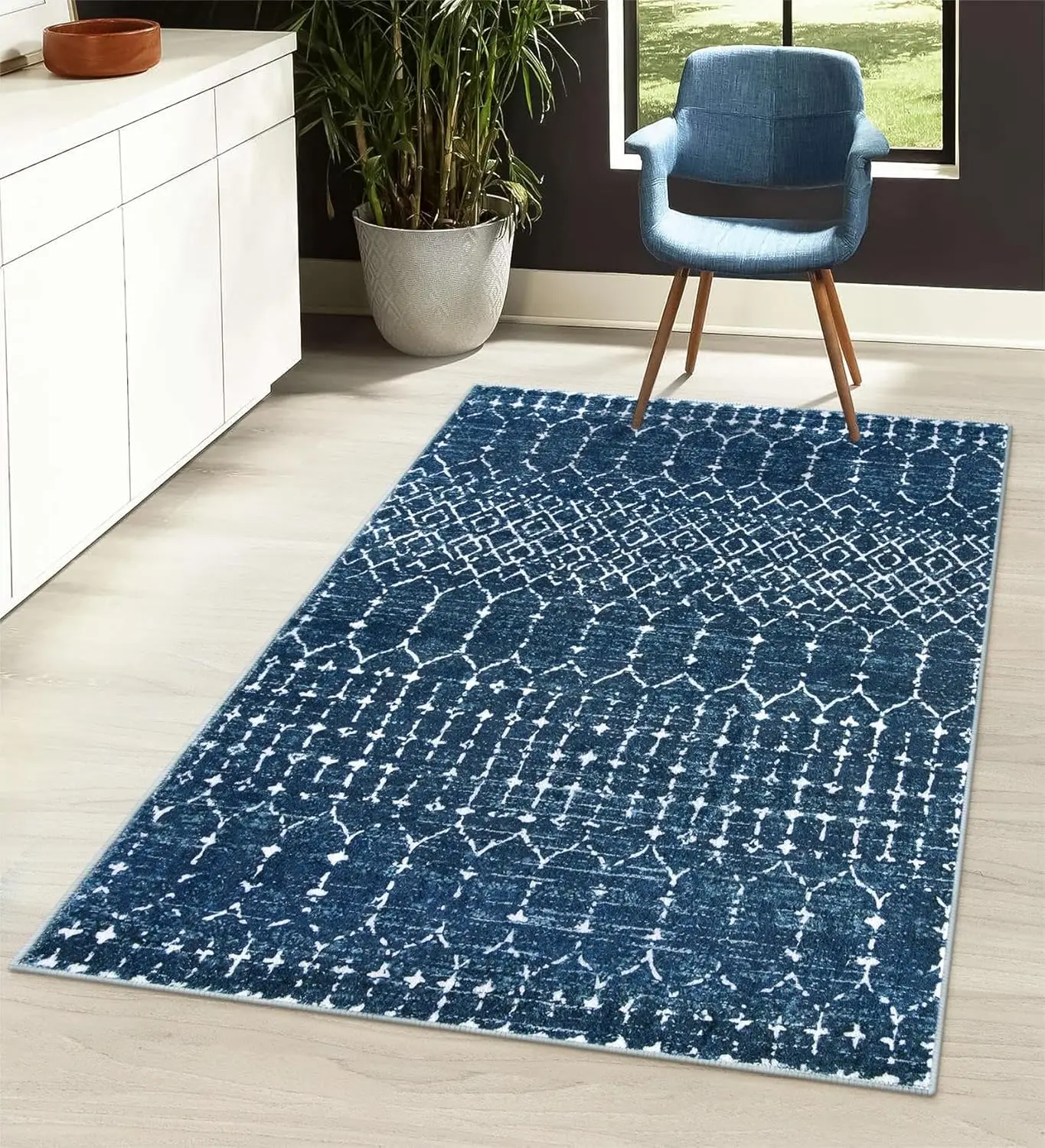 

Moroccan Blue 3x5 Non-Slip Washable Soft Rug, Geometric Print for Bedroom Entryway Dining Room