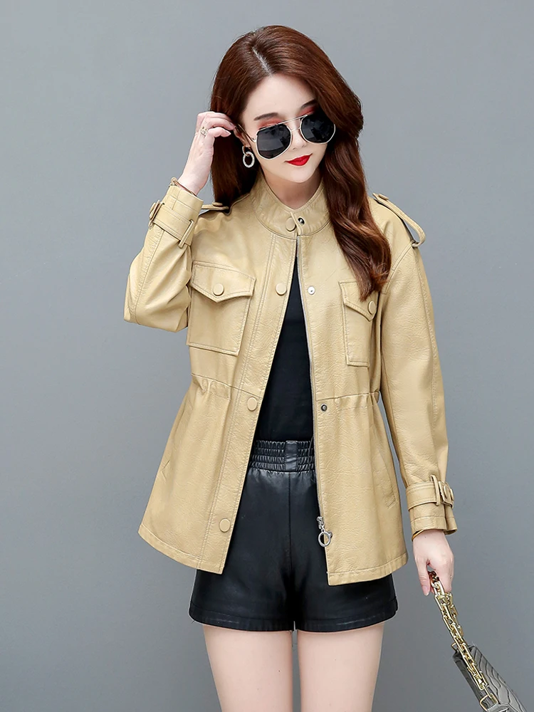 Vrouwen Schapenvacht Jassen 2025, Herfst Koreaanse Losse Elastische Taille Casual Vrouwelijke Lange Mouwen Slim-fit Split Lederen jassen