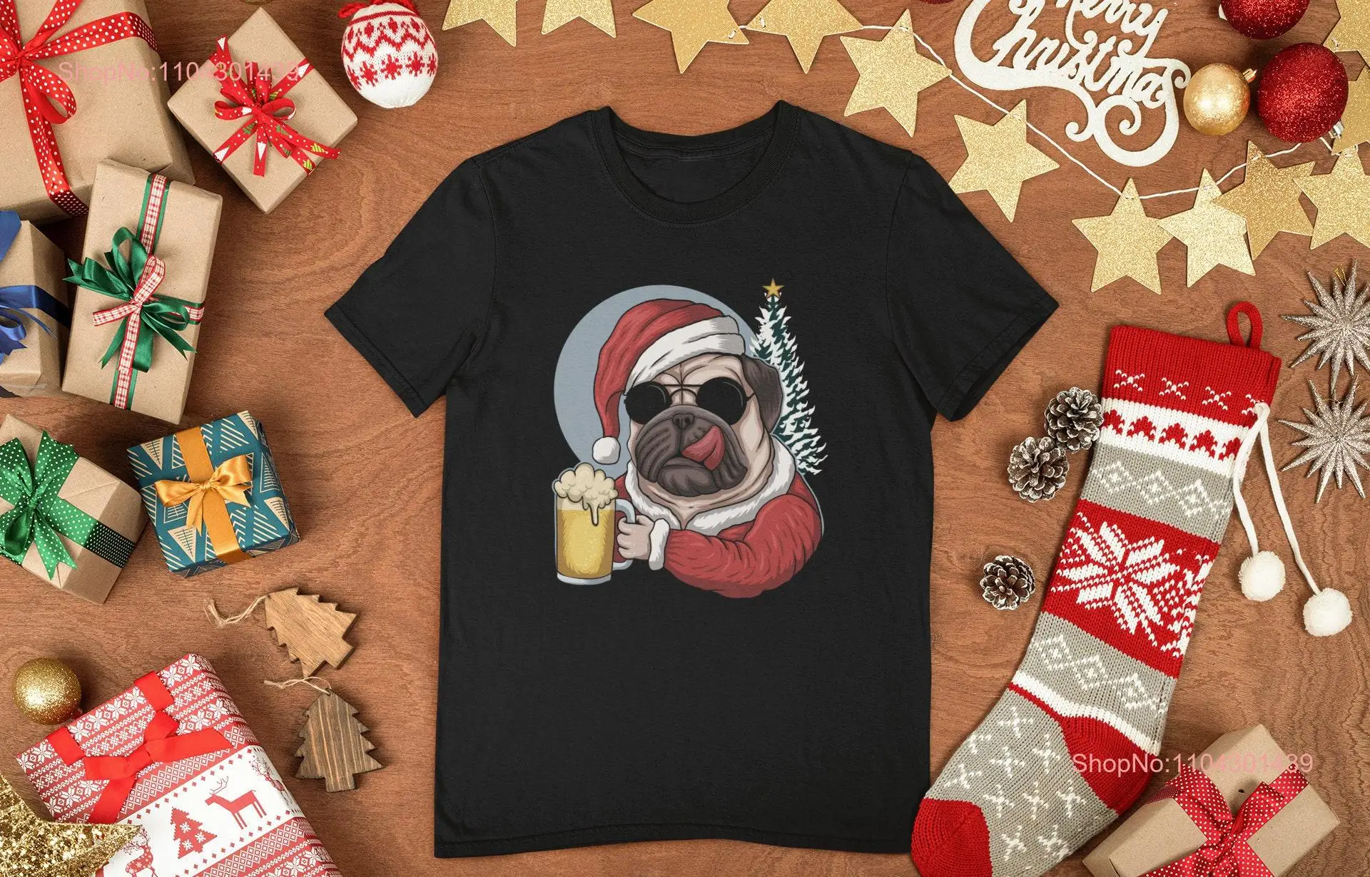 Funny Christmas T Shirt Merry Pugmas Beer Pug Santa Reindeer S M L XL XXL  long or short sleeves