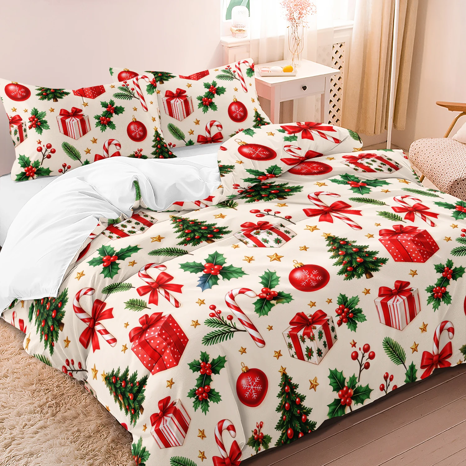 3Pcs Cream Christmas Tree Gift Box Candy Cane Bauble Ornament & Holly Leaf Print Bedding, Traditional Christmas Duvet Cover Set