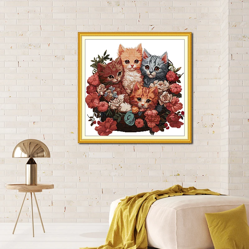 Joy Sunday Cluster of kittens Pattern Printed Cross Stitch Kits Needle Embroidery Sets DMC Thread Aida 16/14CT DIY Home Decor