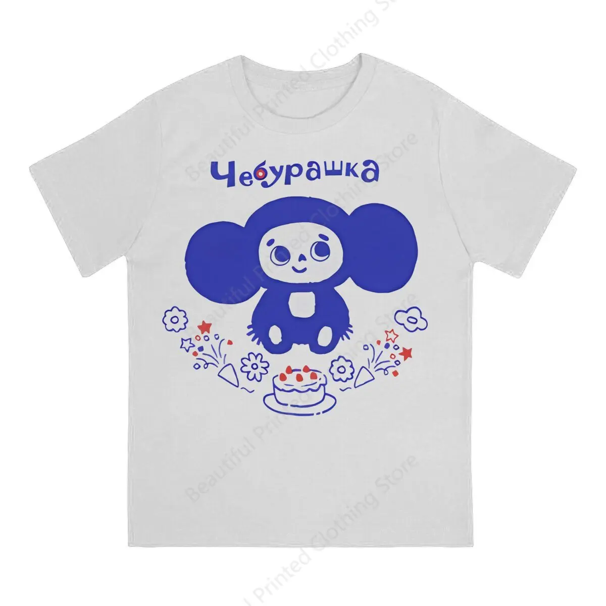 Russian Cartoon Men Women Cool T-shirt Cheburashka With Flowers Cotton Printing T-shirts Fashion Loose Tops Street Short Sleeve