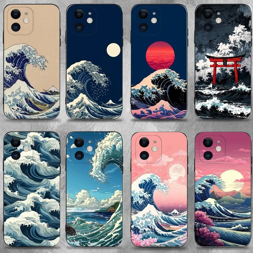 

Japan Style Ukiyo-e Phone Case For iPhone 16,15,14,13,12,11 Plus,Pro Max,XS,X,XR,SE,Mini,8,7,Soft Silicone Black Cover