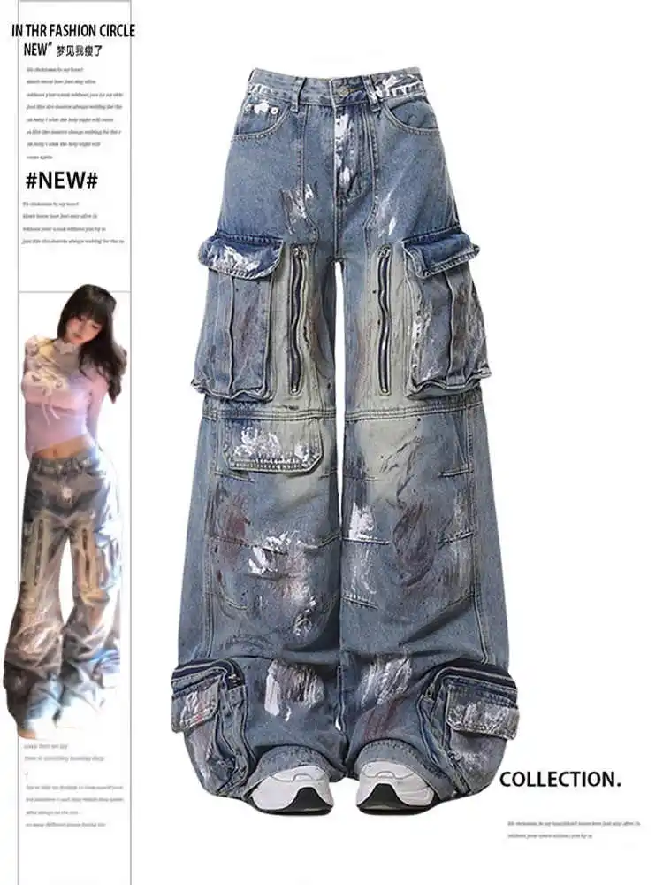 Autumn Winter New Ladies Cargo Jeans American Street Style Baggy Cargo Pants Women Blue Multi-pocket Wide Leg Jeans for Women