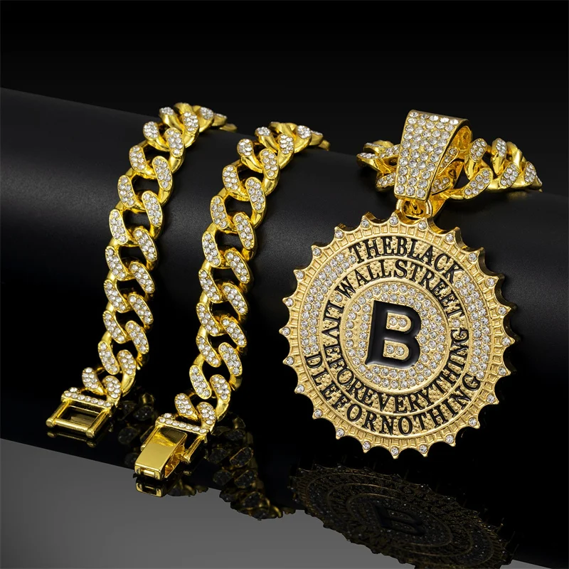 Hip Hop Round B Letter Pendant Necklace Men Gold Sliver Color Ice Out Crystal Sign Rock Pendant Rapper Bling Jewerly