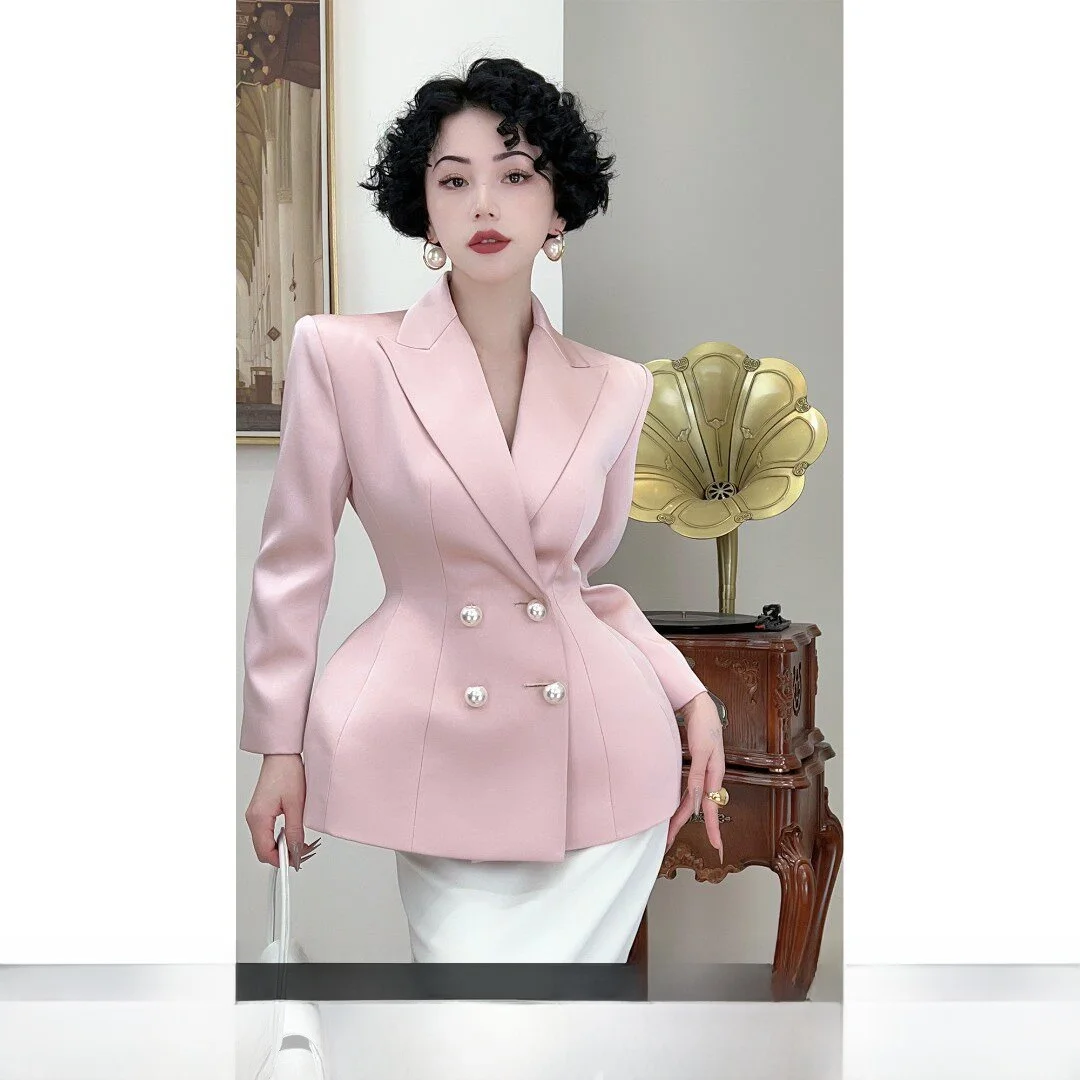 

Ele Pink Suit Jaet Women's High-Defn Spring oulder Pad Small Tailored Outerwear Commute Sle Long Sve