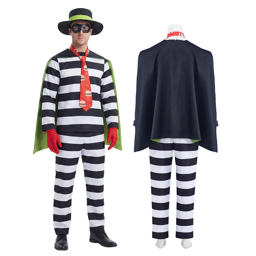 Hamburger Thief Burglar Cosplay Costume Funny Men's Cos Party Striped Shirt Pants Cape Hat Mask Full Set Outfits For Halloween
