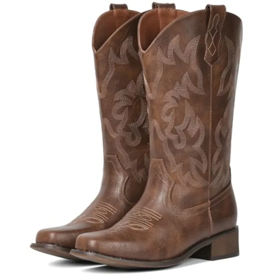 Botas vaqueras IUV para mujer, punta cuadrada, estilo cowboy, media caña, botas vaqueras de moda.