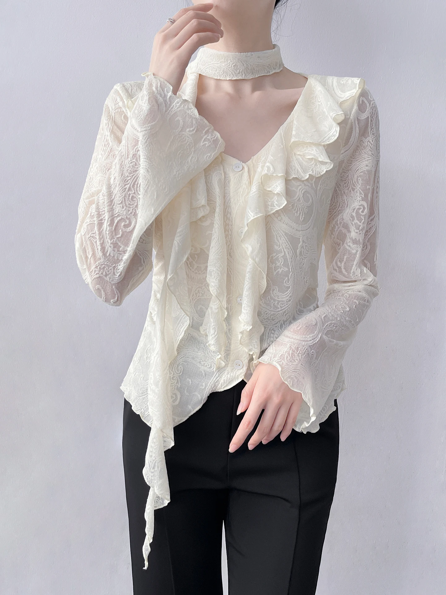 

Женская рубашка в корейском стиле с V-образным вырезом и длинным рукавом, модный дизайн «Sweet Bitterness», со съемной накидкой и оборками по низу, для весеннего повседневного образа