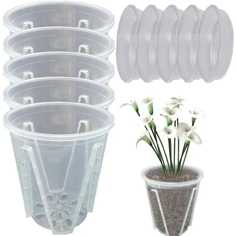 

5PCS Root Control Transparent Flower Pot Clear Orchid Pots With 5 Trays Ventilated Home Gardening Decoration Balcony Decoration