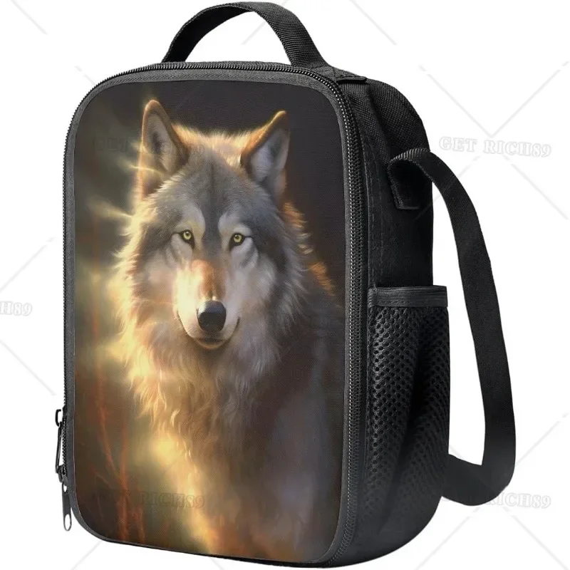 Ice Fire Wolf Printed Cool Animal Insulated Reusable Lunch Bag for Women Men Boys Wolf Lunch Box Bento for Office School Trip