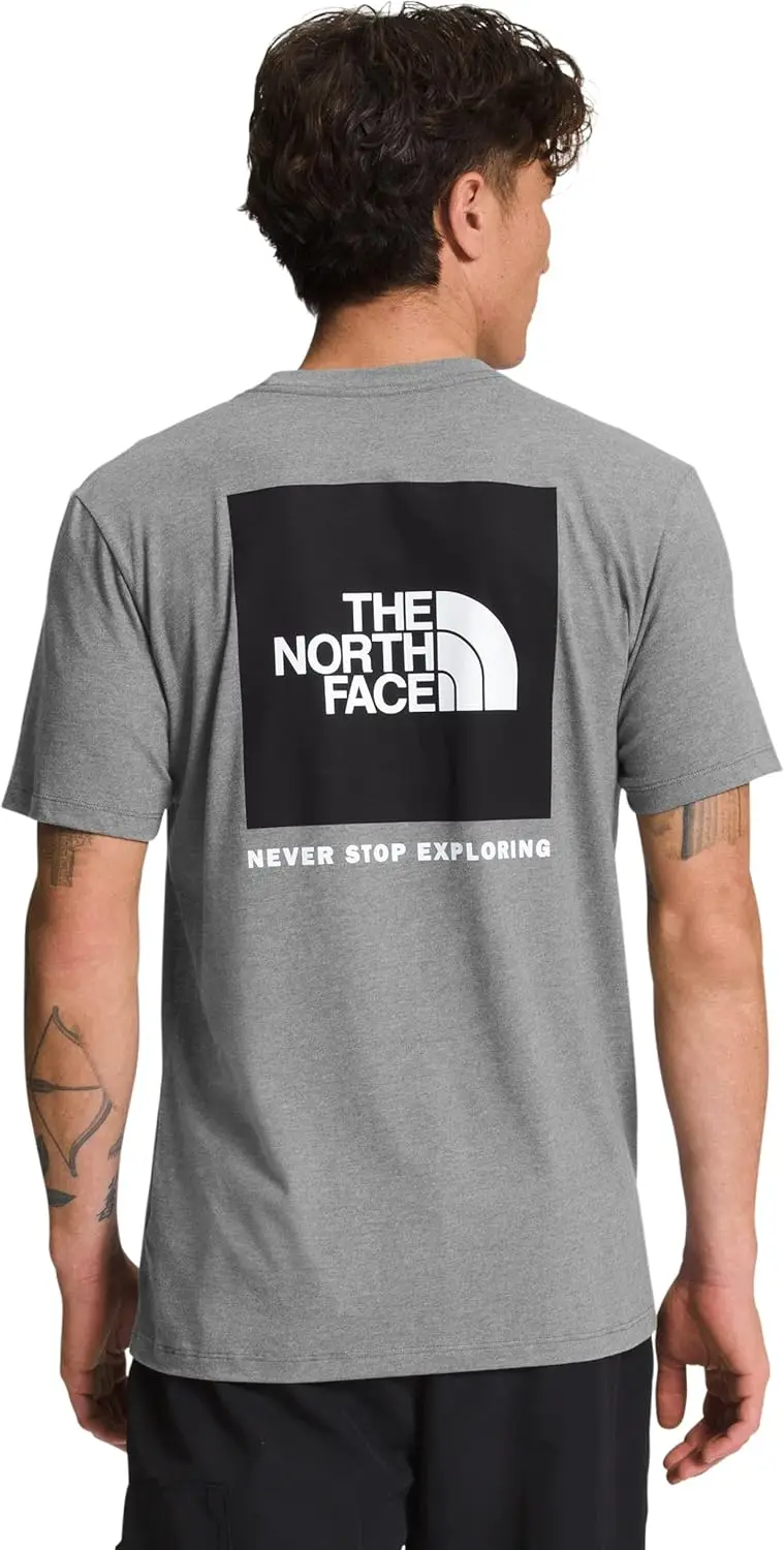 Men's Short Sleeve Box Never Stop Exploring Tee (Standard and ), TNF Medium Grey Heather/TNF Black, Small