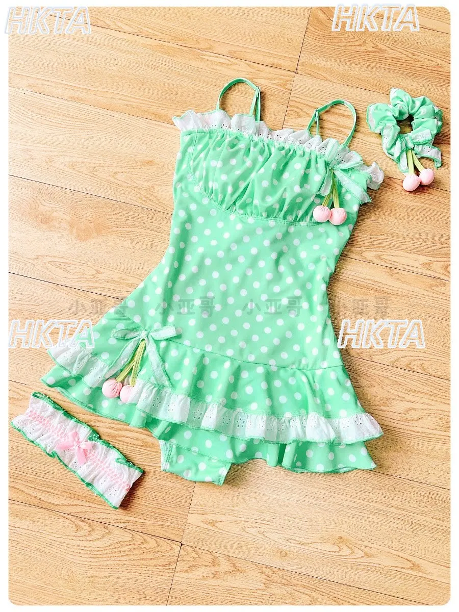 Cute Little Cherry One-piece Swimsuit Sweet Polka Dot Halter Strap Bow One-piece Vacation Hot Spring Bathing Suit Sexy Bikini