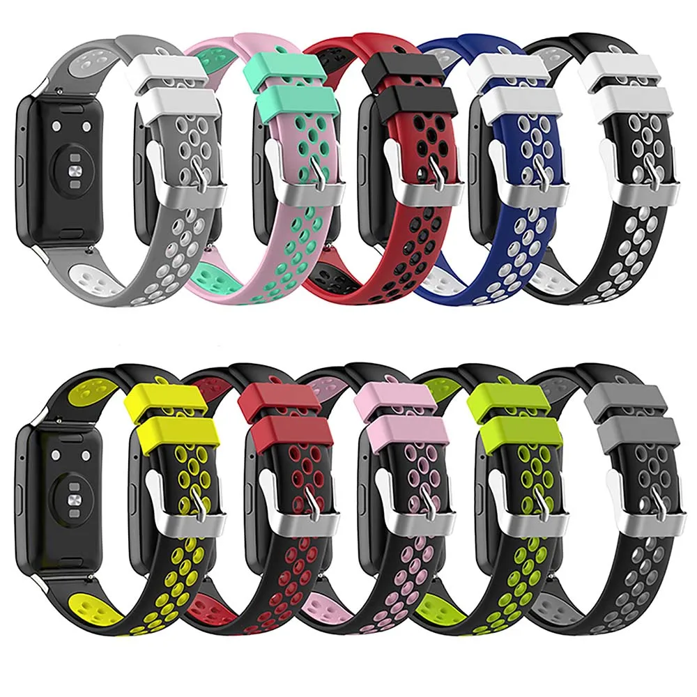 Two-Color Silicone Breathable Sport Wrist Strap Watch Band for Huawei gray white/pink teal Smart Watch Bracelet Accessories