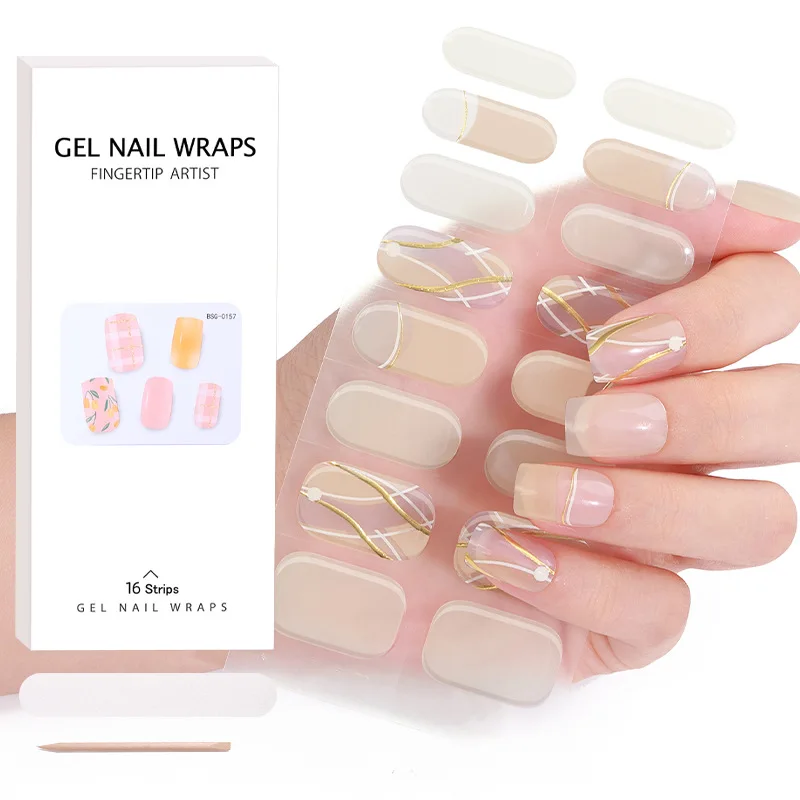 16 Strips Gel Nail Wraps Semi-cured Gel Nail Art Stickers Bronzing Ice Through Uv Light Therapy Semi-baking Nail Stickers