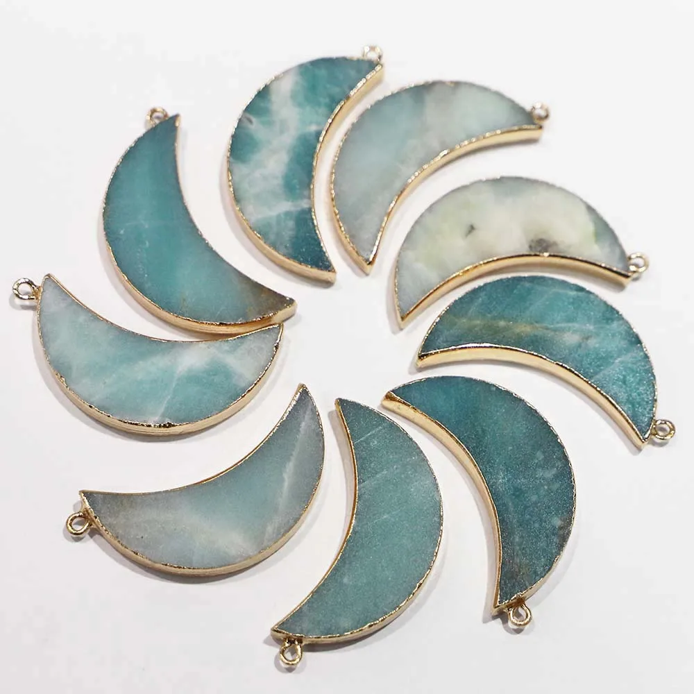 Natural Stone Multi-color Moon Pendant Gold-edged Crescent Charm Necklace DIY Fashion Creative Jewelry Making Wholesale 5Pcs/Lot