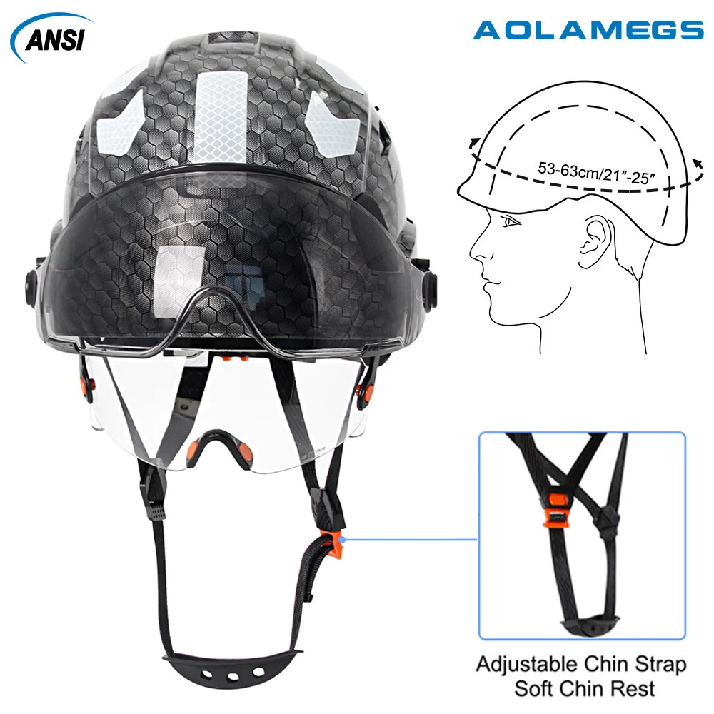 Construction Safety Helmet with Double Goggles Earmuffs ABS Carbon Fiber Pattern Hard Hat ANSI Engineer Work Cap Head Protection