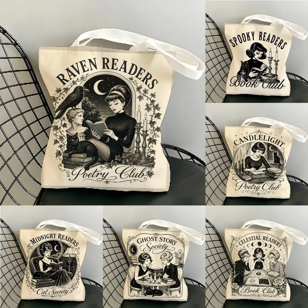 Retro Spooky Readers Storage Bags Canvas Tote Bag Women Large Capacity Reusable Eco Shopping Bag Shoulder Handbag