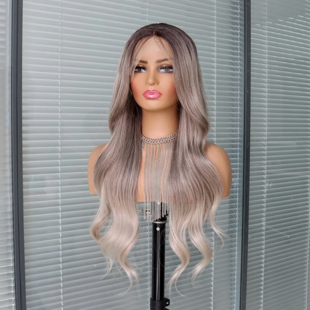 Aschblonde Perücke mit Pony, gewellt, Ombré-Braun bis Blond, Perücke mit Pony, synthetische Lace-Front-Perücken für Frauen, Cosplay-Verwendung