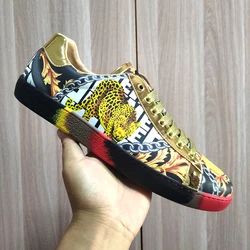 Luxury casual shoes Gold high-grade printed sneakers Leather breathable men's board shoes Fashion casual shoes A3