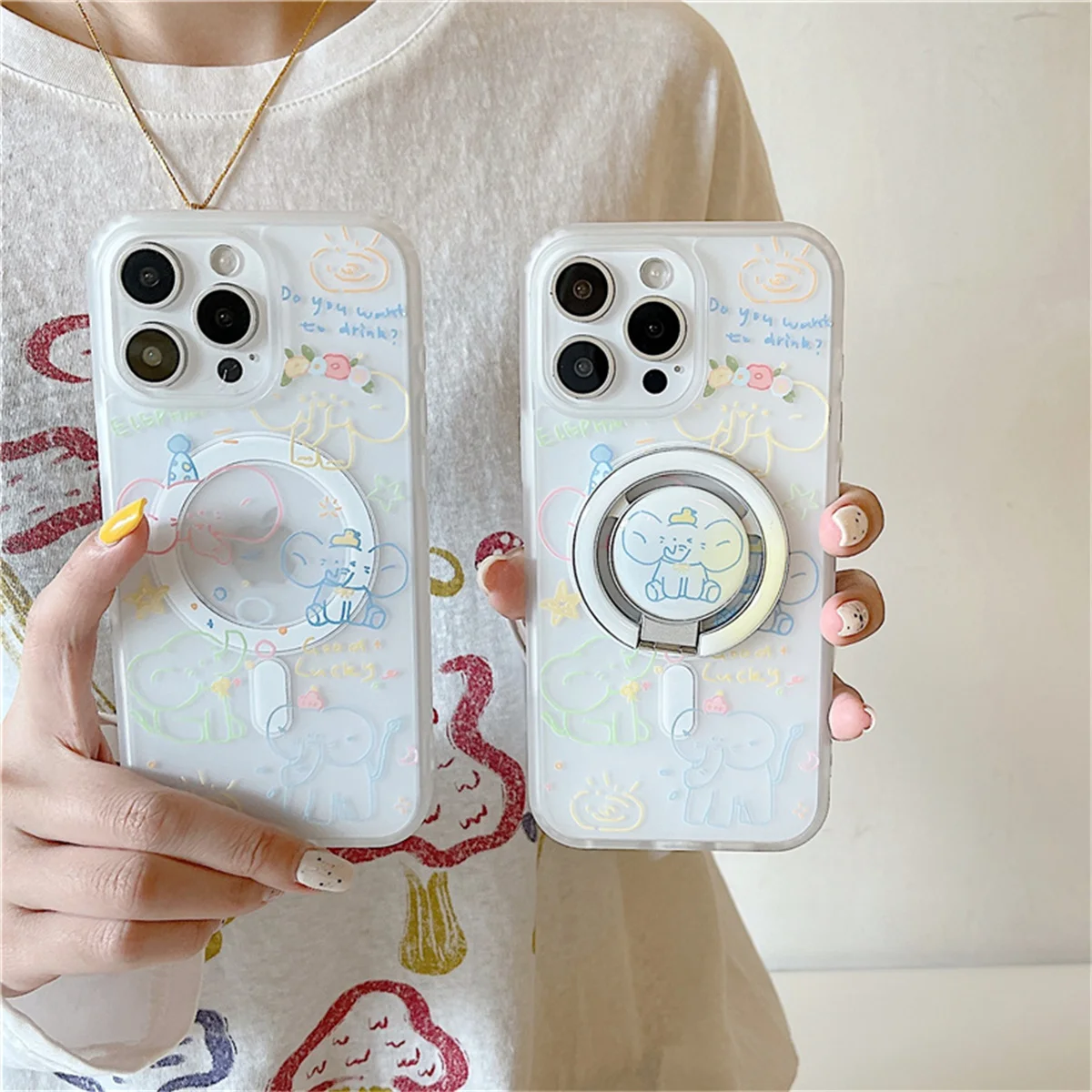

Fashion Color Elephant Magnetic Cute Phone Case For iPhone 16 Pro 14 13 15 Pro Max Back Cover with Holder Cases Capa