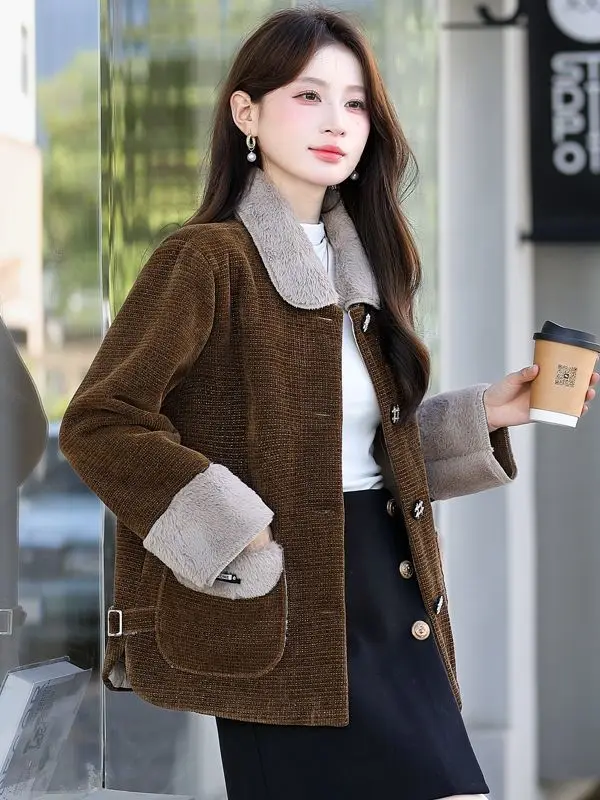 

Thiened Fce Autumn Winter New Sle Women's Outerwear Casual Faion V-Ne Long Sve Coat Warm Corduroy Outfit