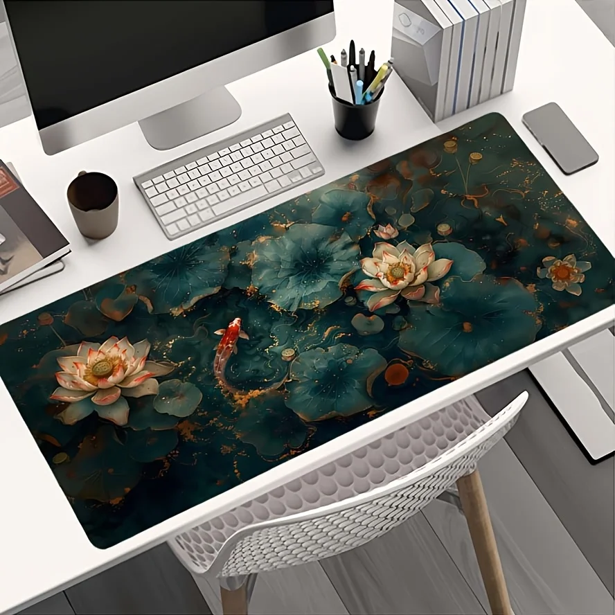 

Коврик для мыши с рисунком лотоса и карпа, компьютерный аксессуар подходит для геймеров и домашней печати высокой четкости, который можно стирать.