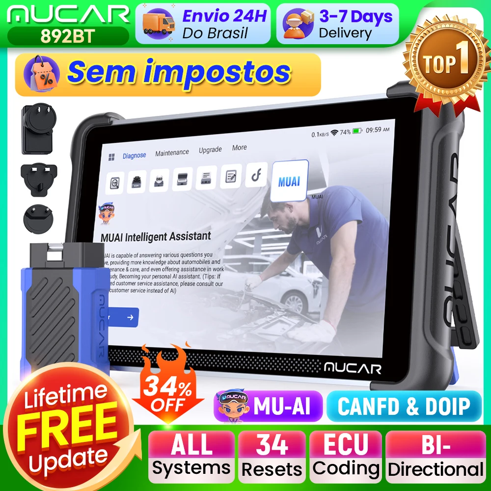 MUCAR 892BT Ferramenta automotiva assistida por IA Scanner OBD2 bidirecional Codificação de ECU Ferramenta de diagnóstico de carro CANFD DOIP 35 Redefinição Vida útil completa do sistema Atualização gratuita FCA