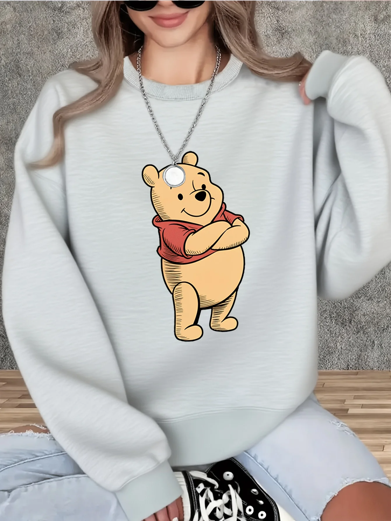 

Women Disney Winnie The Pooh Pullover Sweater Fashion Oversized Unisex Crew Neck Sweater Autumn and Winter Fleece Casual