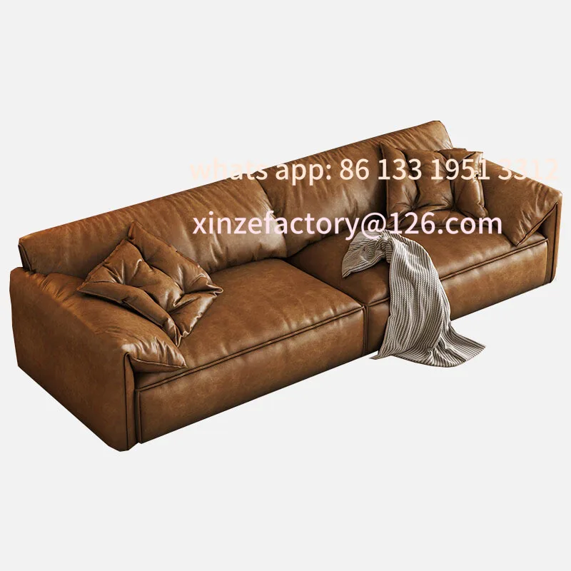 

Customizable French retro medieval style elephant ear leather sofa modern simple small apartment living room straight row leathe