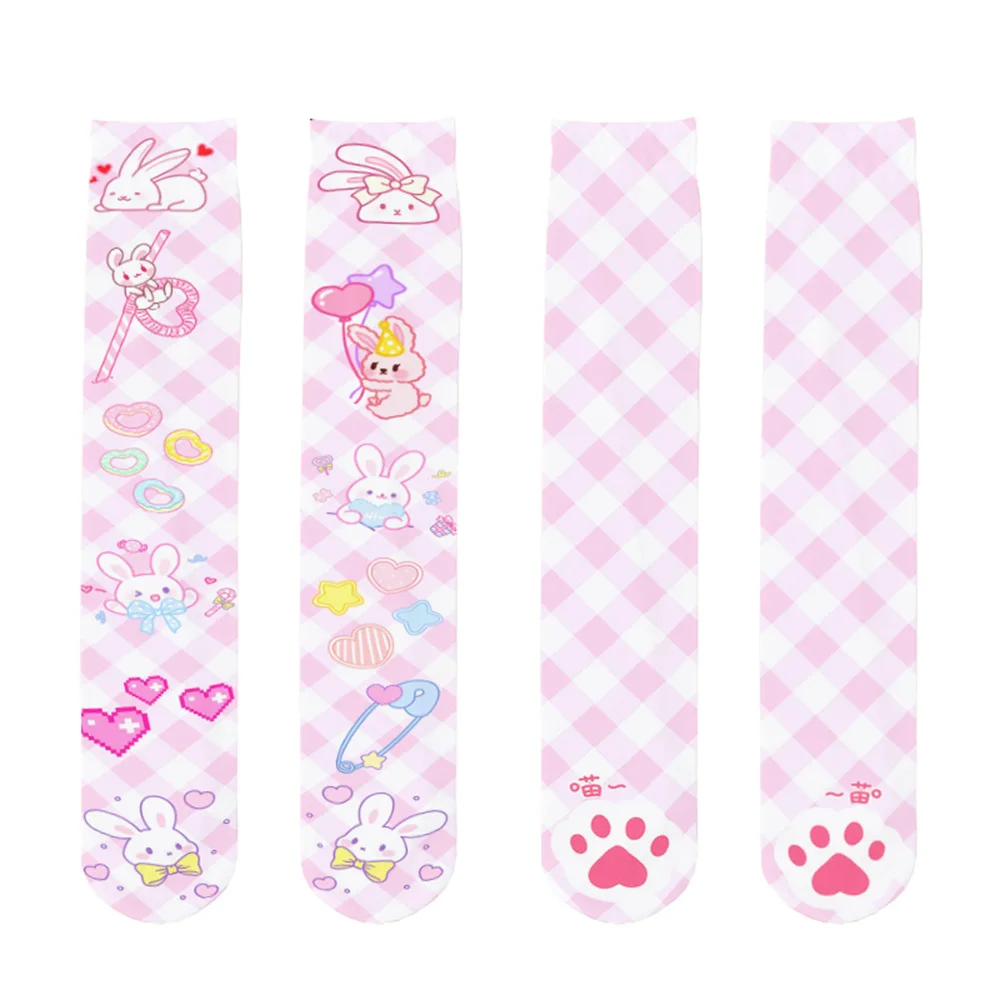 Lolita Kawaii Socks Women Over The Knee Socks Japanese Anime Harajuku Stockings Thin Leg Velvet Anime Cat Print Rabbit Socks
