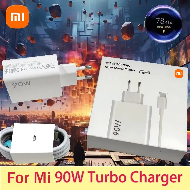 Carregador Xiaomi 90W EU Turbo Charge com Cabo USB Tipo C e Adaptador para Mi 15 14 13 Pro Ultra Redmi Note POCO MIX Flip