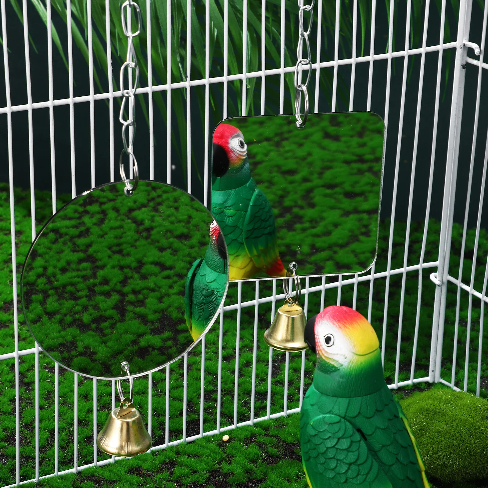 

2Pcs Bird Mirror Bell Hanging Swing Parrot Cage Decoration for Small Medium Parakeet Cockatiel Conure Finch Canary Acrylic