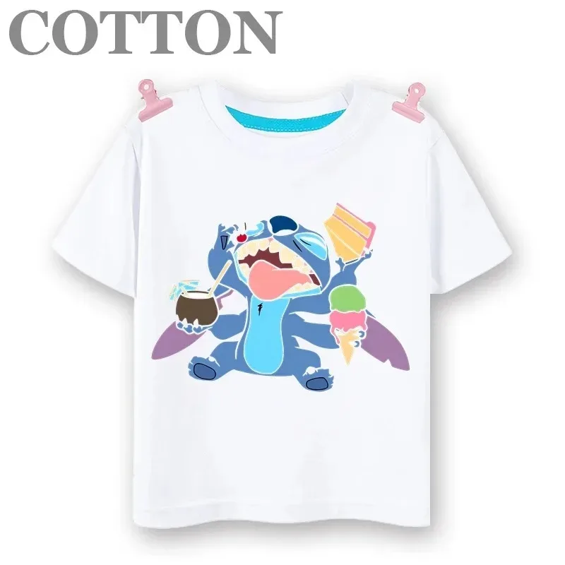 Disney Stitch Summer Anime Fashion Cotton Anime Children's T-shirt Round Neck Casual Short Sleeve Printed Pattern